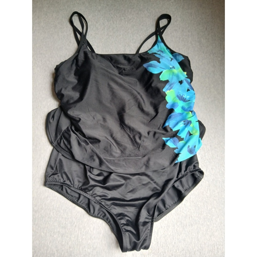 Miraclesuit Swimsuit 20 W One Piece  Slimming Beach Resort Layered Floral Black